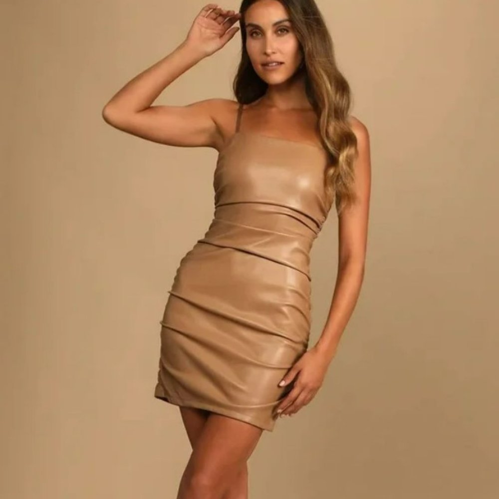Lulu's Be a Stunner Faux Leather Ruched Tan Minidress Size M - New